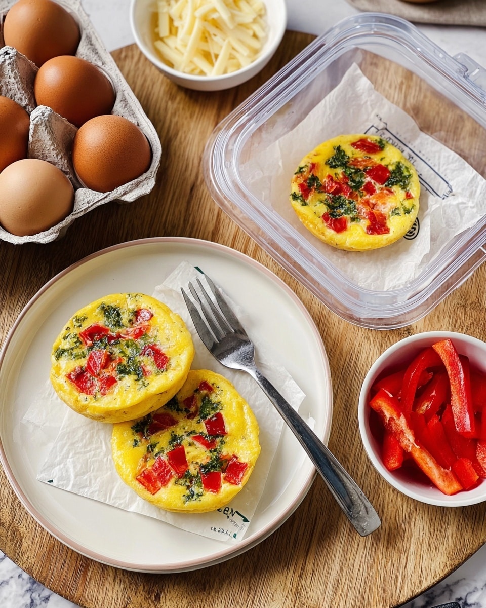 The image shows two small, round egg muffins on a white plate, each with a yellow base layer topped with red bell pepper pieces and green chopped herbs spread across the surface. Next to the plate is a clear plastic container lined with white parchment paper holding another egg muffin with the same toppings. Surrounding the food are small white bowls; one contains sliced red bell peppers and another filled with shredded white cheese. To the left, there is a carton holding six brown eggs, and a silver fork and knife rest on the edge of the plate. The items sit on a round wooden surface with a white marbled texture background visible at the edges. Photo taken with an iphone --ar 4:5 --v 7