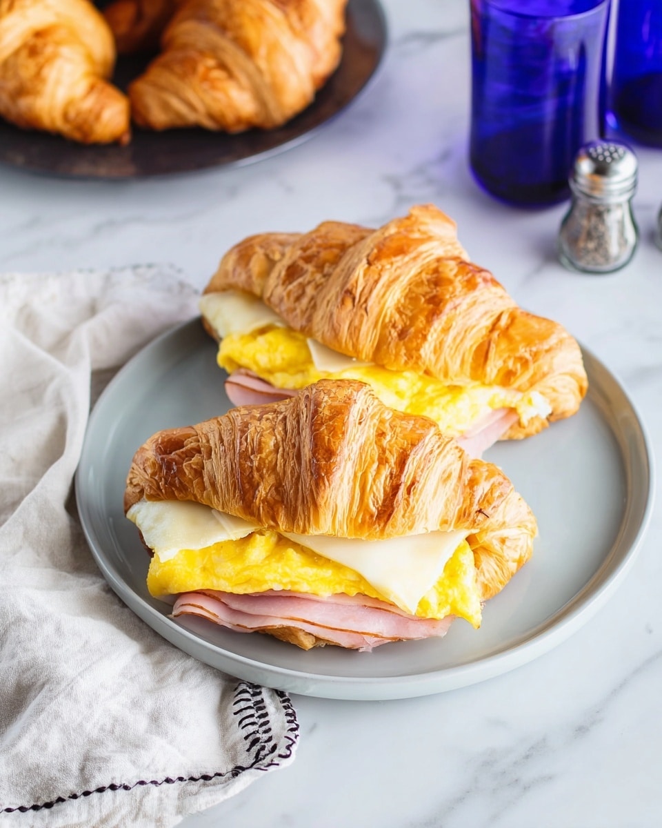 Two croissant sandwiches sit on a light gray plate over a white marbled surface. Each sandwich has three visible layers: a golden-brown, flaky croissant on top; a slice of melted white cheese beneath it; and bright yellow scrambled eggs over a slice of pink ham at the bottom. Next to the plate is a corner of a white cloth with black stitching and a gray cloth below it. In the upper left corner, part of a dark plate with more croissants is seen, and on the upper right side, two small blue glass salt and pepper shakers are placed. Photo taken with an iphone --ar 4:5 --v 7