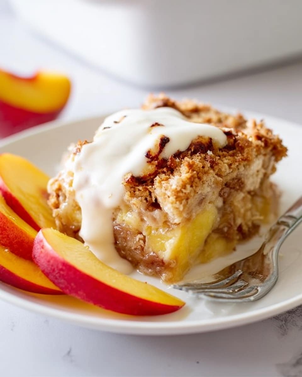 The image shows a slice of baked dessert on a white plate with a white marbled background. The dessert has three layers: the bottom layer is a chunky fruit filling with tan and brown shades, the middle layer is a soft yellow cake or bread, and the top layer is a golden brown crumbly topping with some toasted spots. A thick, white sauce is poured over the top left side of the dessert, slightly melting and running down the sides. Around the dessert on the plate are thin peach slices with red and yellow tones. To the right of the dessert, a silver fork rests on the plate. Photo taken with an iphone --ar 4:5 --v 7
