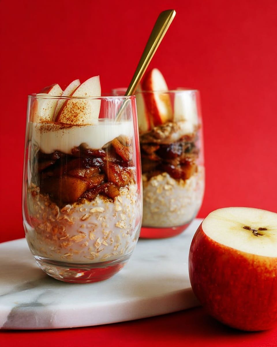 Two clear glasses each show three layers: the bottom layer is creamy oatmeal with visible oats, the middle layer is dark brown cooked apple slices mixed with spices, and the top layer is light cream with a few small white apple pieces and a sprinkle of cinnamon. A gold spoon leans against one glass. On the right side, a red apple is cut in half, showing its white inside with seeds. Everything sits on a white marbled surface with a bright red background behind. Photo taken with an iphone --ar 4:5 --v 7