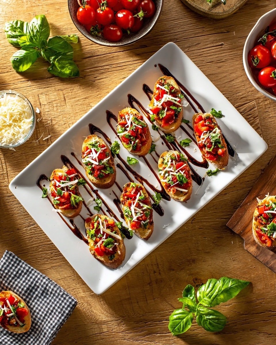 A rectangular white plate holds seven pieces of bruschetta arranged in two rows, each piece made of toasted golden-brown baguette slices topped with chopped red cherry tomatoes, small green basil leaves, and thin white cheese shreds. Dark balsamic glaze is drizzled over each bruschetta and the plate in a zigzag pattern. Around the plate on a wooden surface are fresh basil leaves, a bowl of grated cheese, a bowl of tomato and basil salad, red cherry tomato clusters, and a single bruschetta piece on a checkered napkin. The light creates soft shadows, highlighting the vibrant colors and textures of the food. Photo taken with an iphone --ar 4:5 --v 7