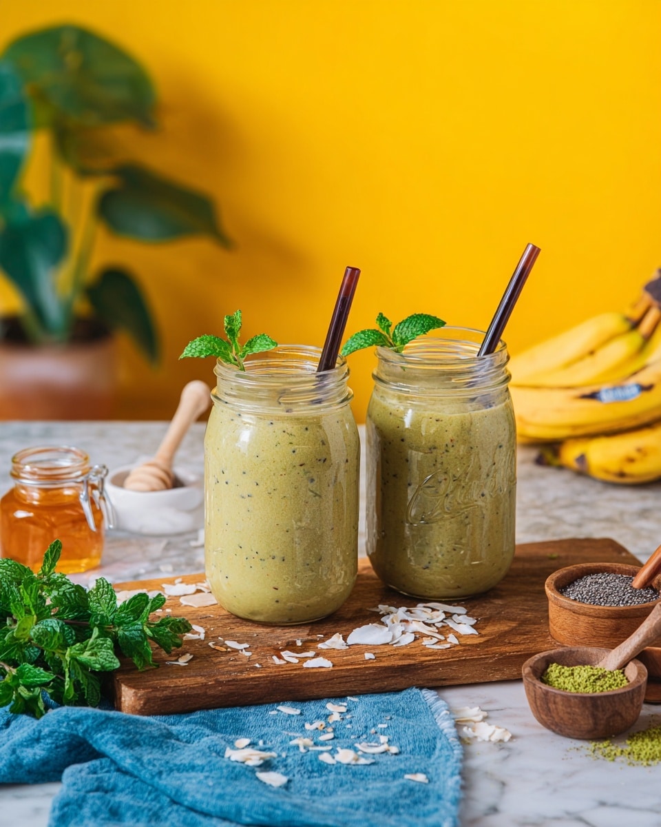 Two clear glass jars filled with a thick green smoothie speckled with tiny black chia seeds sit on a wooden board placed over a blue cloth on a white marbled surface. Each jar is topped with a small mint leaf and has a dark straw inside. Around the board are scattered light tan coconut flakes, a bunch of fresh green mint leaves, a small glass jar of honey, and some loose chia seeds and green matcha powder in small wooden bowls. In the background, two ripe yellow bananas and green plants stand against a bright yellow wall. Photo taken with an iphone --ar 4:5 --v 7