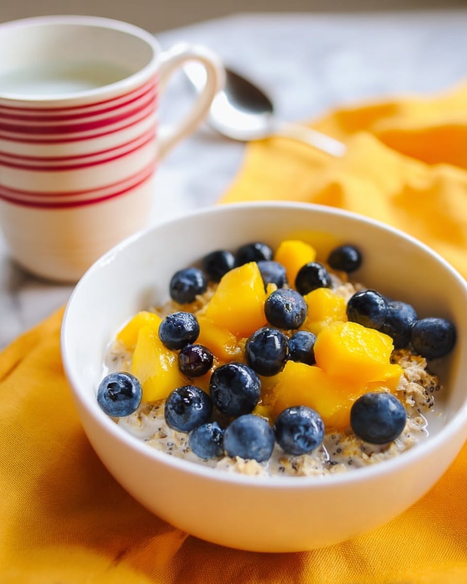 A white bowl filled with a layered breakfast dish. The bottom layer appears to be creamy oats mixed with small seeds, topped with chunks of bright yellow mango and whole fresh blueberries scattered across the surface. There is a light drizzle of milk or cream adding a shiny texture over the fruit and oats. The bowl sits on a yellow cloth with a striped red and white glass with milk in the background, all on a white marbled texture. photo taken with an iphone --ar 4:5 --v 7