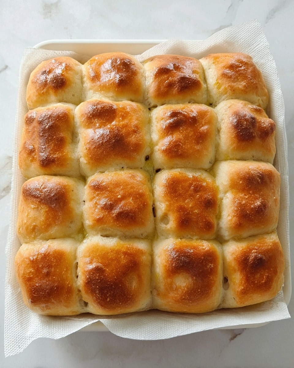 The image shows a square, freshly baked bread loaf divided into a grid pattern with 25 small square sections. The bread has a soft, light golden color with some parts having a shiny, darker golden-brown top, showing a well-baked crust with a slightly glossy texture. The bread rests on white parchment paper inside a white tray, placed on a white marbled surface. The loaf looks fluffy and light, with small uneven bumps on the surface adding a fresh-baked feel. photo taken with an iphone --ar 4:5 --v 7