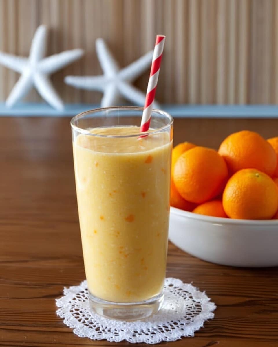 A tall clear glass filled with a creamy yellow-orange smoothie that has small bits of fruit visible inside. The glass sits on a small white lace doily on a wooden table. A red and white striped straw is in the smoothie, standing straight up. Behind the glass, there is a white bowl filled with whole bright orange fruits. The background has a soft look with two white starfish shapes on the wooden surface. photo taken with an iphone --ar 4:5 --v 7