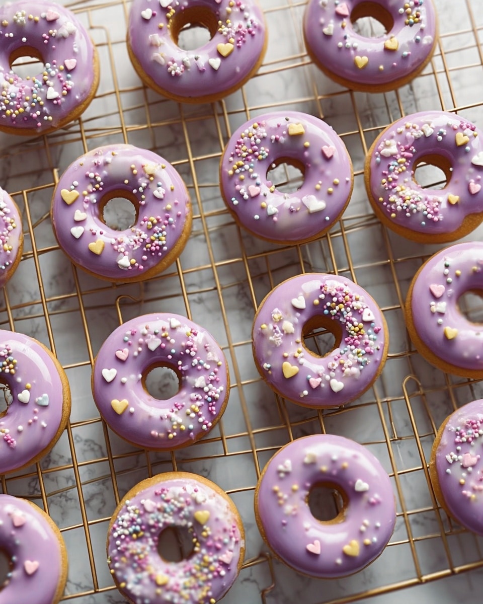 The image shows many small donuts placed on a golden wire rack over a white marbled surface. Each donut has one layer of smooth purple icing covering the top, showing the golden brown donuts below on the sides. The icing is decorated with different types of small pastel-colored sprinkles, mainly heart shapes and tiny round dots, in light pink, white, and yellow. Some donuts use rainbow sprinkles with thin shapes. The donuts are spaced evenly on the rack, and the wire rack grid is clearly visible through the gaps. photo taken with an iphone --ar 4:5 --v 7