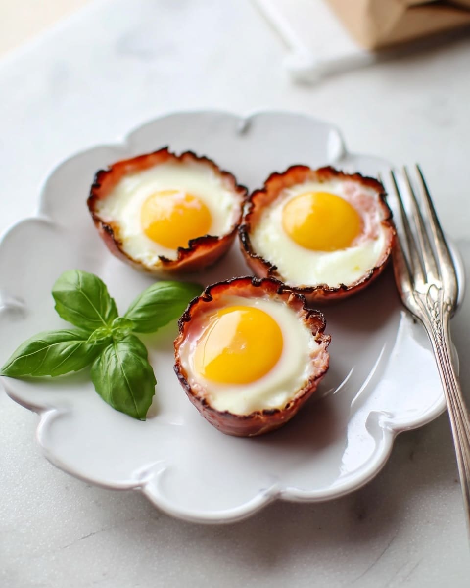 The dish shows three baked egg cups on a white scalloped plate. Each cup has a crispy brown outer layer made from ham, holding a soft white layer of cooked egg whites inside, topped with a bright yellow yolk in the center. To the left of the egg cups is a small sprig of fresh green basil leaves. On the right side of the plate lies a silver fork. The plate rests on a white marbled surface with soft natural lighting. Photo taken with an iphone --ar 4:5 --v 7
