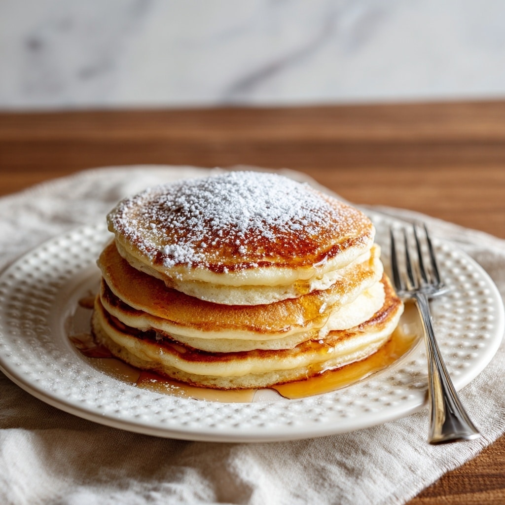 A stack of three golden-brown pancakes sits on a white plate with a raised dot edge, each pancake showing a smooth, slightly bubbly texture. The top pancake is covered with a drizzle of honey or syrup that pools slightly on the sides and plate, with a light dusting of white powdered sugar scattered unevenly on the top and edges. A silver fork is placed on the right side of the plate, resting near the pancakes. The plate is set on a textured light beige cloth atop a wooden surface, all framed by a soft white marbled background. Photo taken with an iphone --ar 4:5 --v 7