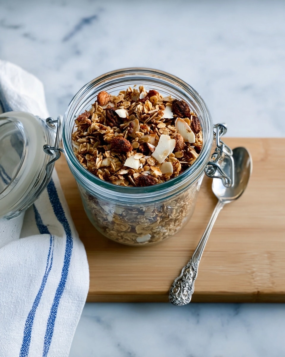 The image shows a clear glass jar filled with a single layer of crunchy granola that has a mix of dark brown and light beige pieces, including oats, nuts like almonds, and coconut flakes. The granola fills the jar up to the top rim. The jar has a metal clasp and a loose lid resting to the side. Next to the jar is a small silver spoon with a decorative handle on a light wooden surface. There is a white cloth with blue stripes partially visible on the left edge. The scene is set on a white marbled texture background. Photo taken with an iphone --ar 4:5 --v 7