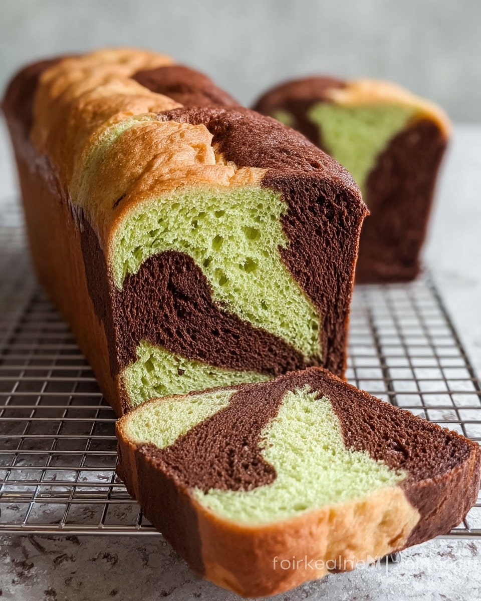 The image shows a loaf of bread with three colors and patterns, sliced on a white marbled surface. The bread has three layers inside: a light cream layer at the top with a soft and fluffy texture, a pale green layer beneath it which looks smooth and spongy, and a dark brown layer mixed within the green layer appearing dense and rich. Two slices are cut from the loaf and placed in front, clearly showing how the colors swirl and mix inside, with the green layer curving around the dark brown patches. The loaf is resting on a metal cooling rack. Photo taken with an iphone --ar 4:5 --v 7
