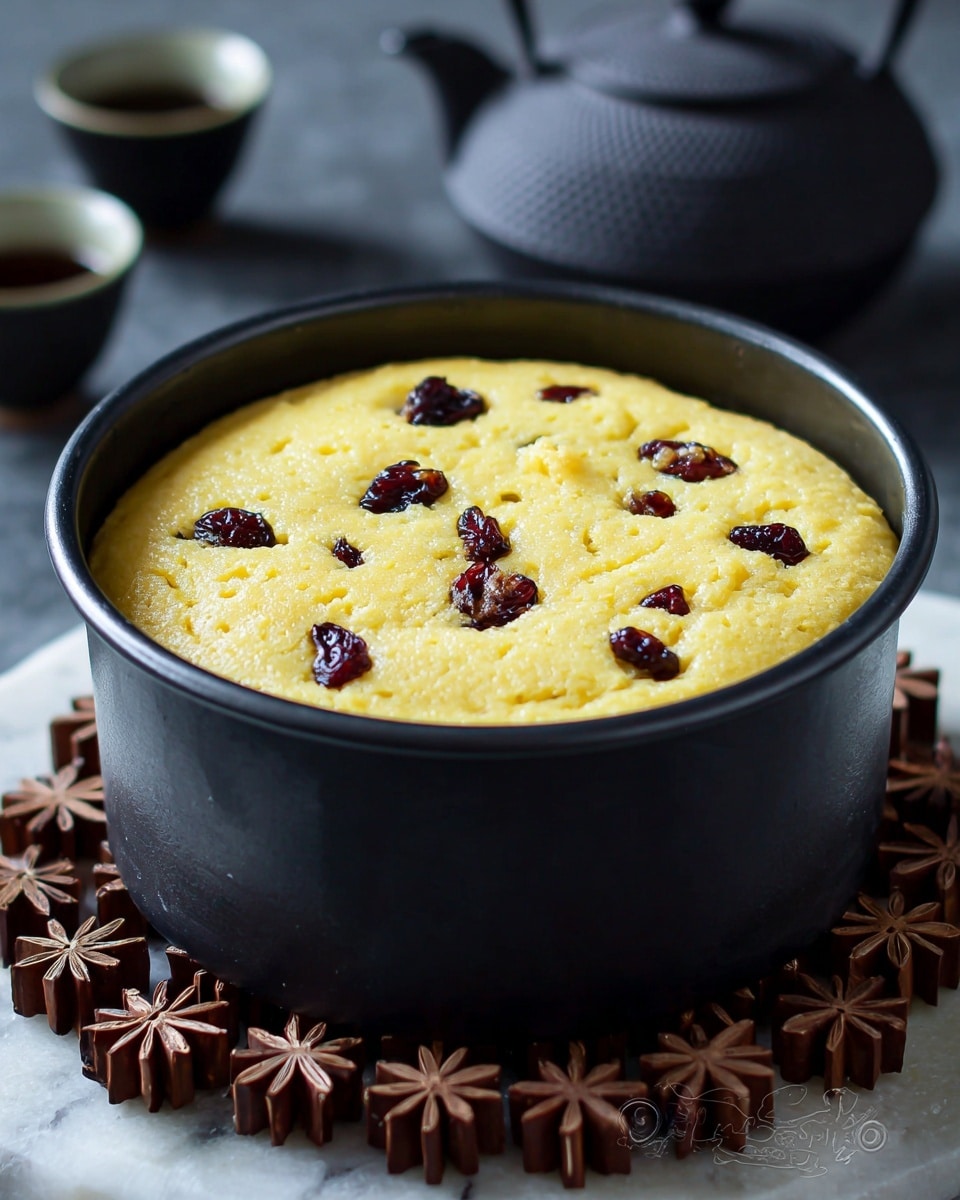 The image shows a single round, fluffy yellow cake batter in a black cake pan, rising above the edge with a slightly uneven surface dotted with dark raisins embedded both on the top and slightly visible on the sides. The pan sits on a white marbled surface with a decorative wooden trivet shaped like flower petals underneath it. The background is out of focus but features a dark tea set softly blurred, creating a cozy atmosphere. The cake batter looks soft, moist, and fresh. Photo taken with an iphone --ar 4:5 --v 7