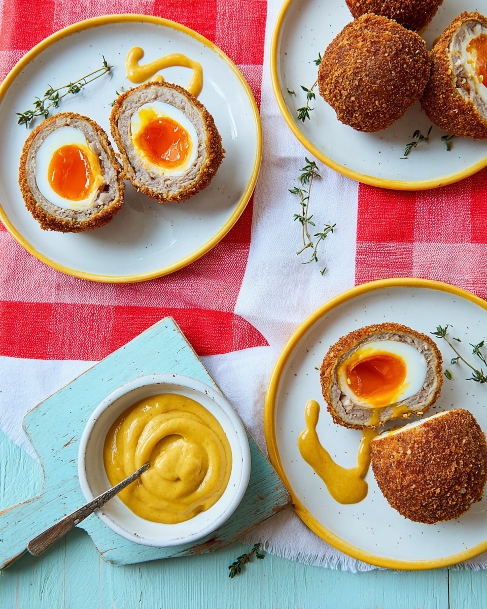 The image shows Scotch eggs sliced in half on white plates with yellow rims and a white marbled surface underneath a red and white striped cloth. Each Scotch egg has three layers: a crispy brown fried outer layer, a beige cooked meat layer inside, and a soft-boiled egg center with a bright white egg white and a slightly runny rich orange yolk. There is also a small white bowl filled with thick yellow mustard sauce placed on a pale blue wooden board, with a spoon resting on the board with mustard on it. Some thyme leaves are sprinkled around the eggs and mustard sauce. photo taken with an iphone --ar 4:5 --v 7