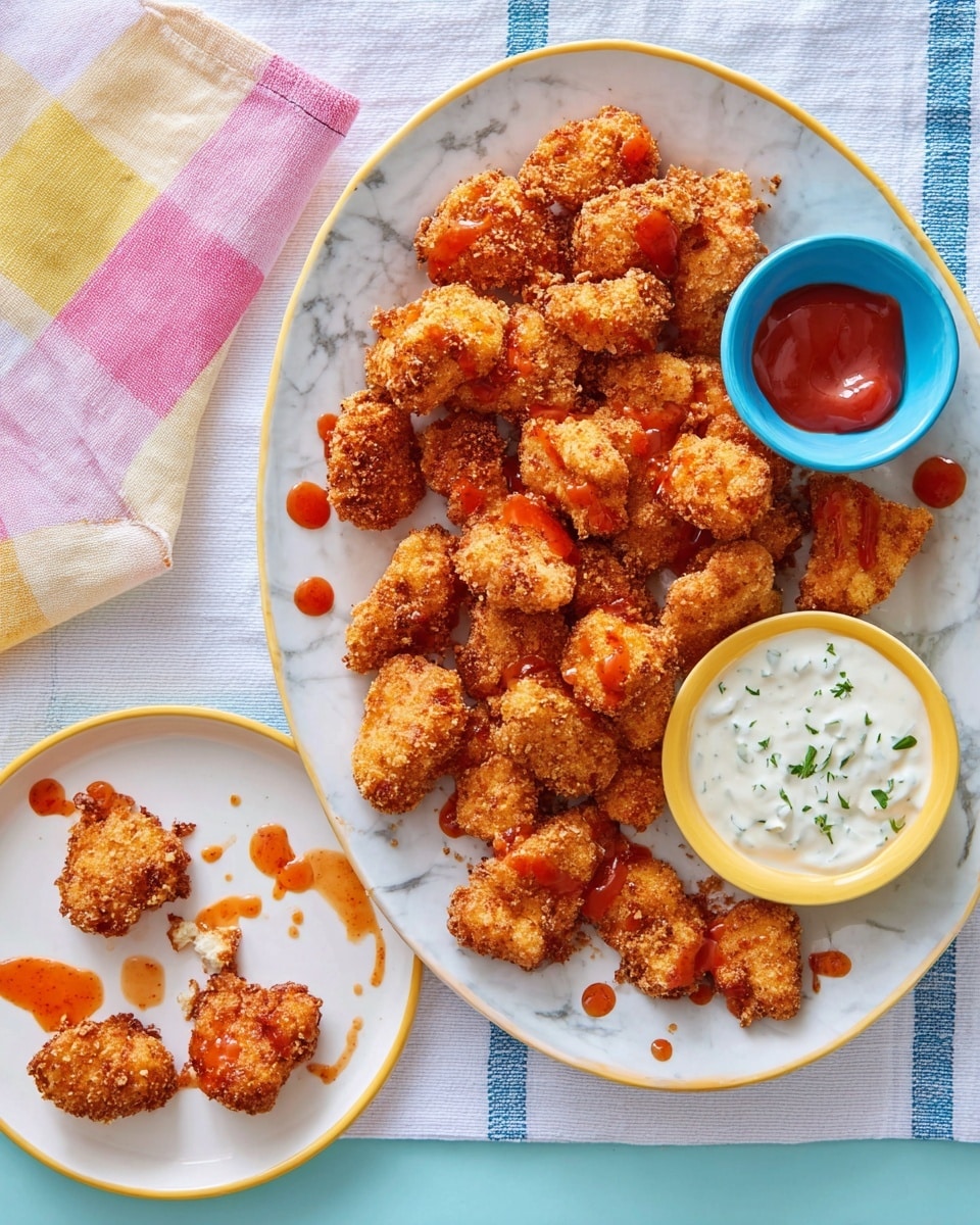 A large white plate with a yellow rim is filled with about twenty golden-brown crispy fried chicken pieces, arranged in a scattered but full layer. There are two small white bowls on the plate; one contains bright red-orange hot sauce, and the other holds thick white creamy ranch dipping sauce with green herbs visible. A few chicken pieces have droplets of hot sauce on them. Below this plate, a smaller white plate has five more chicken pieces, two of which are partly dipped in ranch sauce. The scene is set on a white marbled surface with a white and light blue striped cloth underneath, and three folded napkins in pink, yellow, and darker pink are at the top left corner. Photo taken with an iphone --ar 4:5 --v 7