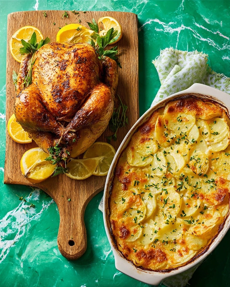 A golden brown roasted whole chicken with crispy skin sits on a wooden cutting board, garnished with fresh green thyme sprigs inside the cavity and lemon wedges placed around it. Next to it, there is a white oval baking dish filled with a layered potato gratin; the top layer consists of thin, slightly browned potato slices arranged in overlapping circles, sprinkled with green herbs and pepper. Both dishes rest on vibrant yellow and white napkins on a green textured surface. Nearby, two green salt and pepper shakers and small yellow flowers add extra color. Photo taken with an iphone --ar 4:5 --v 7