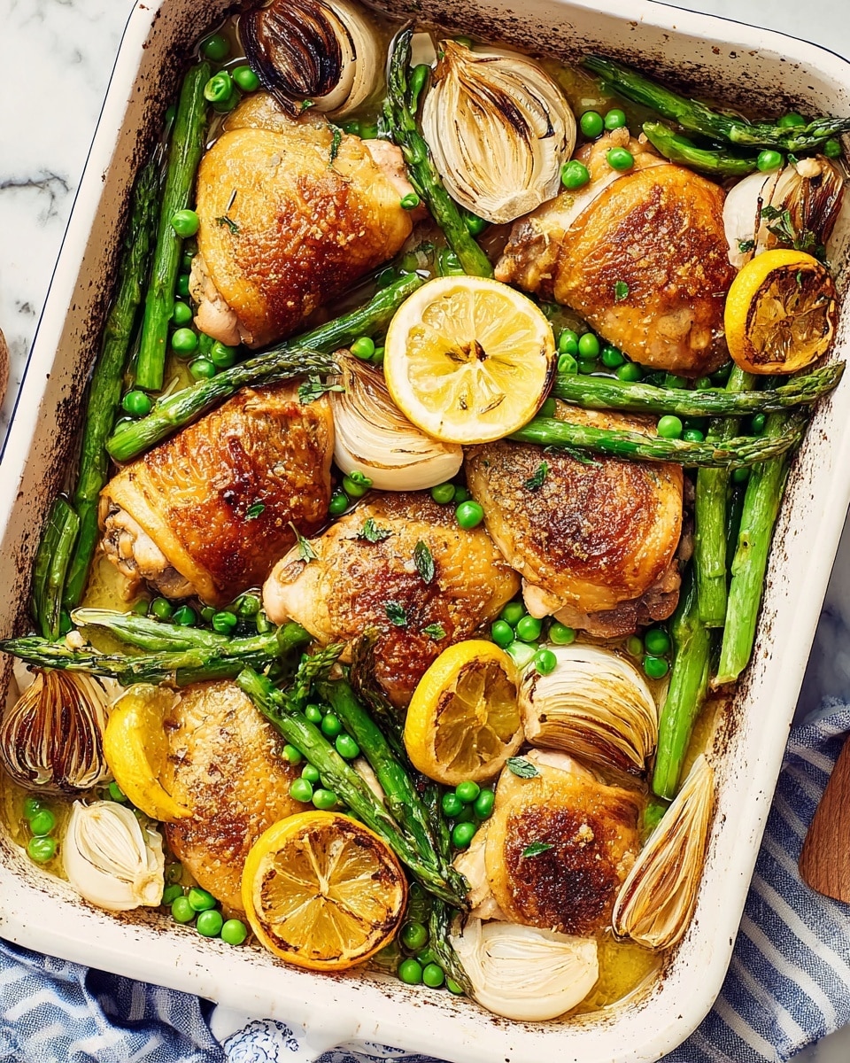 The dish shows a white enamel roasting pan filled with six pieces of golden-brown roasted chicken thighs placed evenly on the bottom, each with a crispy, slightly charred skin. Scattered around the chicken are thick slices of white onion, some slightly browned and softened, and wedges of lemon browned from roasting. Bright green asparagus spears are arranged diagonally across the pan on top of the chicken pieces. Small green peas are spread throughout, filling in spaces between the larger ingredients. The roasting pan sits on a white and blue striped cloth on a white marbled surface, with some torn pieces of white bread nearby. photo taken with an iphone --ar 4:5 --v 7