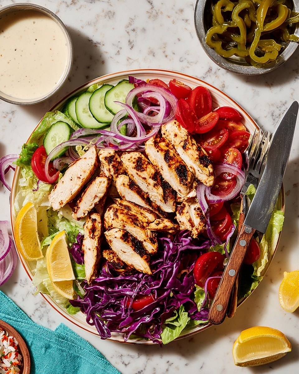 The image shows a white plate filled with a layered salad topped with grilled sliced chicken breast. At the bottom, there is a mix of shredded purple cabbage, green lettuce leaves, and halved cherry tomatoes creating a bed of fresh colors. The grilled chicken slices, golden brown with char marks and visible seasoning, are arranged over the salad. Two lemon wedges and several cucumber pieces are placed on one side of the plate. A fork and knife with wooden handles rest on the plate's edge. A small metal dish with curled green peppers and a white bowl containing creamy sauce are nearby, all set against a white marbled surface. Photo taken with an iphone --ar 4:5 --v 7