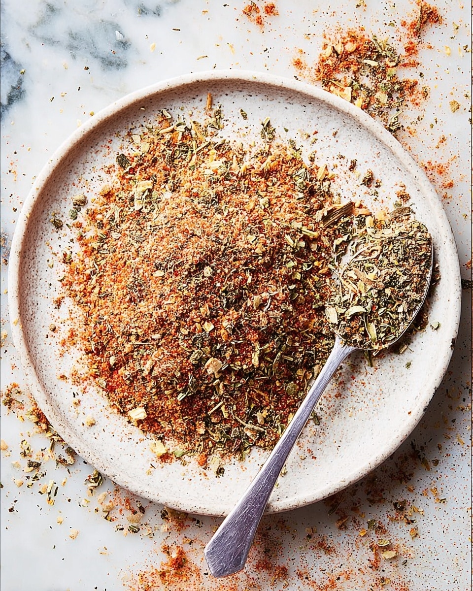 A shallow white plate holds a pile of mixed spices with small pieces showing different colors like orange, green, brown, and beige, creating a rough and uneven texture. A silver spoon rests on the edge of the plate, partially covered with the same spice mix. The spices look dry and grainy with bits of herbs scattered around the plate and some spilled on the surrounding white marbled surface. photo taken with an iphone --ar 4:5 --v 7