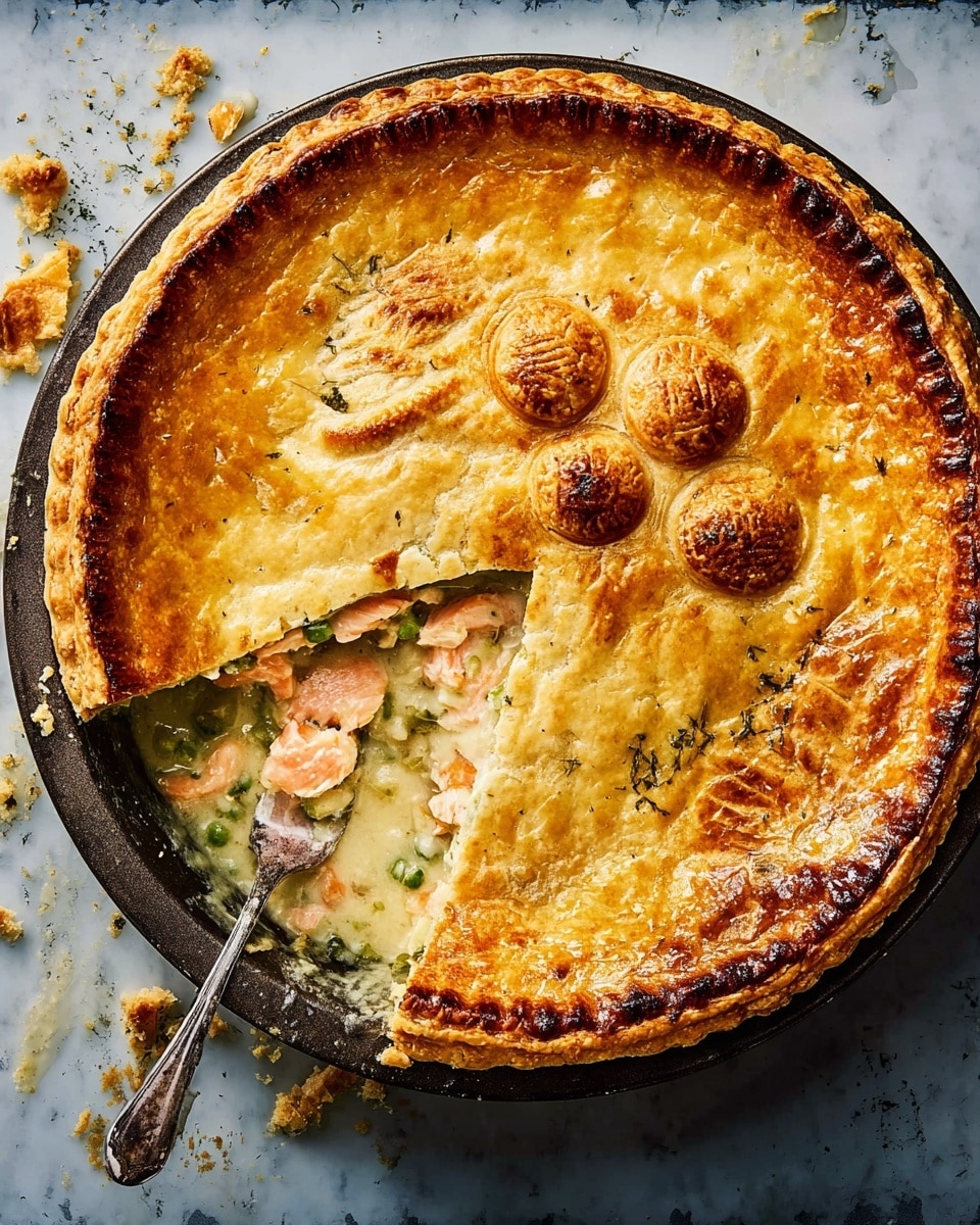 A round golden-brown pie with a thick, flaky crust sits in a dark metal pie tin on a white marbled surface. The pie has a decorative cluster of small round dough pieces in the center, slightly browned. One large slice is cut and removed, showing a creamy, pale yellow filling with chunks of pink salmon and bits of green vegetables inside. The crust edges are pressed down with fork marks and have a slightly darker color around the rim. Crumbs and bits of filling are scattered near the pie. Photo taken with an iphone --ar 4:5 --v 7