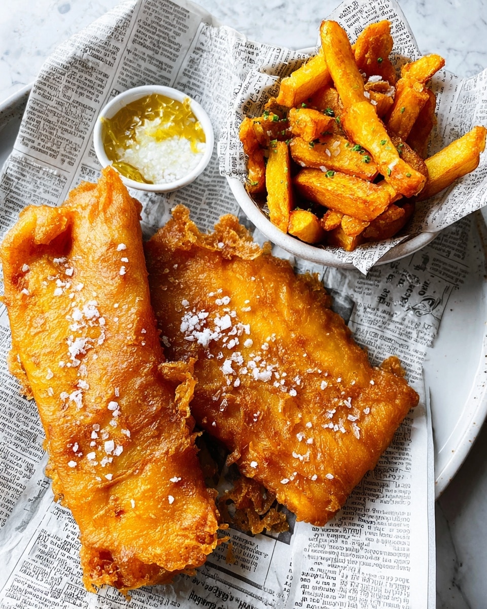 Two pieces of golden-brown fried fish with crispy, crunchy batter and sprinkled with coarse white salt rest on a layer of printed newspaper on a white plate. Next to the fish, a small, round white bowl lined with more newspaper holds thick, golden fries with a crunchy texture and a light coating of salt. The white marbled surface underneath adds a clean and bright background to this classic meal. Photo taken with an iphone --ar 4:5 --v 7