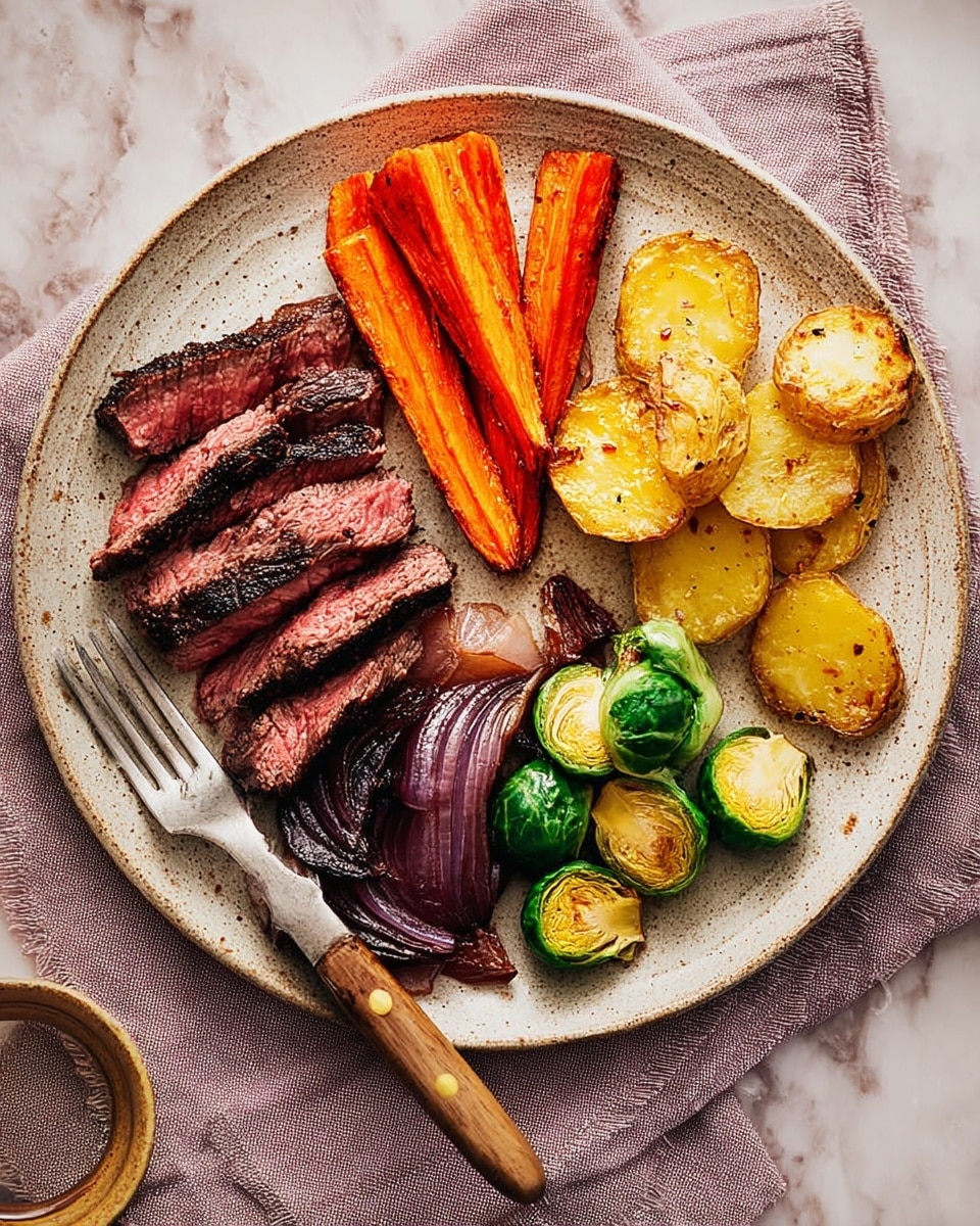 A white speckled round plate sits on a white marbled surface with a pink cloth beside it. The plate is divided into five sections: at the top right are golden brown roasted potato slices with a slightly crispy texture, next to bright orange roasted carrot sticks with visible seasoning, below the carrots are deep purple roasted red onion wedges with charred edges, to the left of the onions are bright green halved Brussels sprouts showing their light green inside, and at the top left are five thick slices of seared steak with a dark grilled crust and a deep red interior. A silver fork rests on the left side of the plate and a knife with a wooden handle is on the right side. Photo taken with an iphone --ar 4:5 --v 7