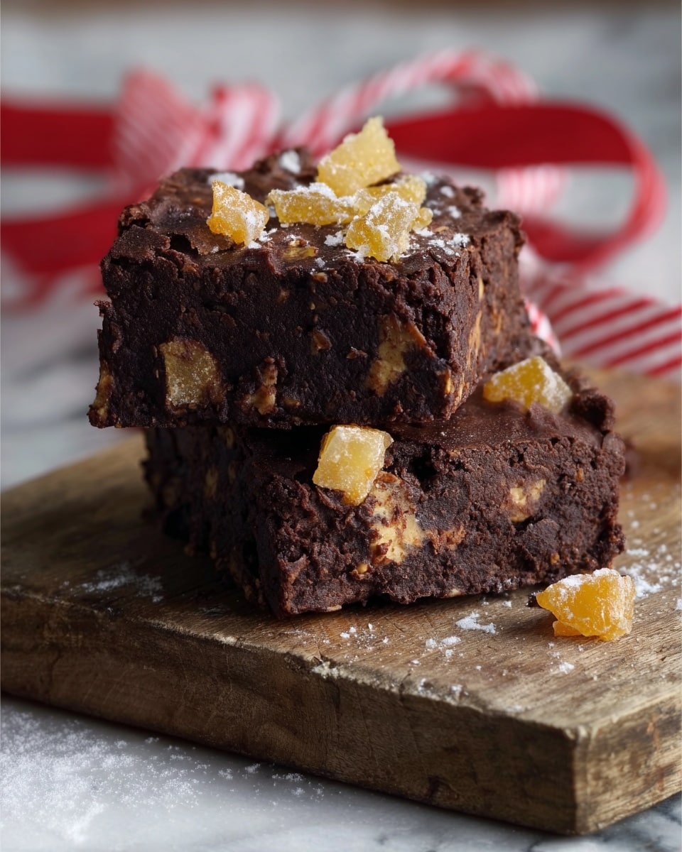 Two thick, dark brown chocolate brownies stacked on a wooden board with chunks of light yellow and orange candied ginger mixed inside and sprinkled on top. The brownies have a dense and slightly rough texture. A red and white striped ribbon is blurred in the background. The surface beneath the wooden board is a white marbled texture. Photo taken with an iphone --ar 4:5 --v 7