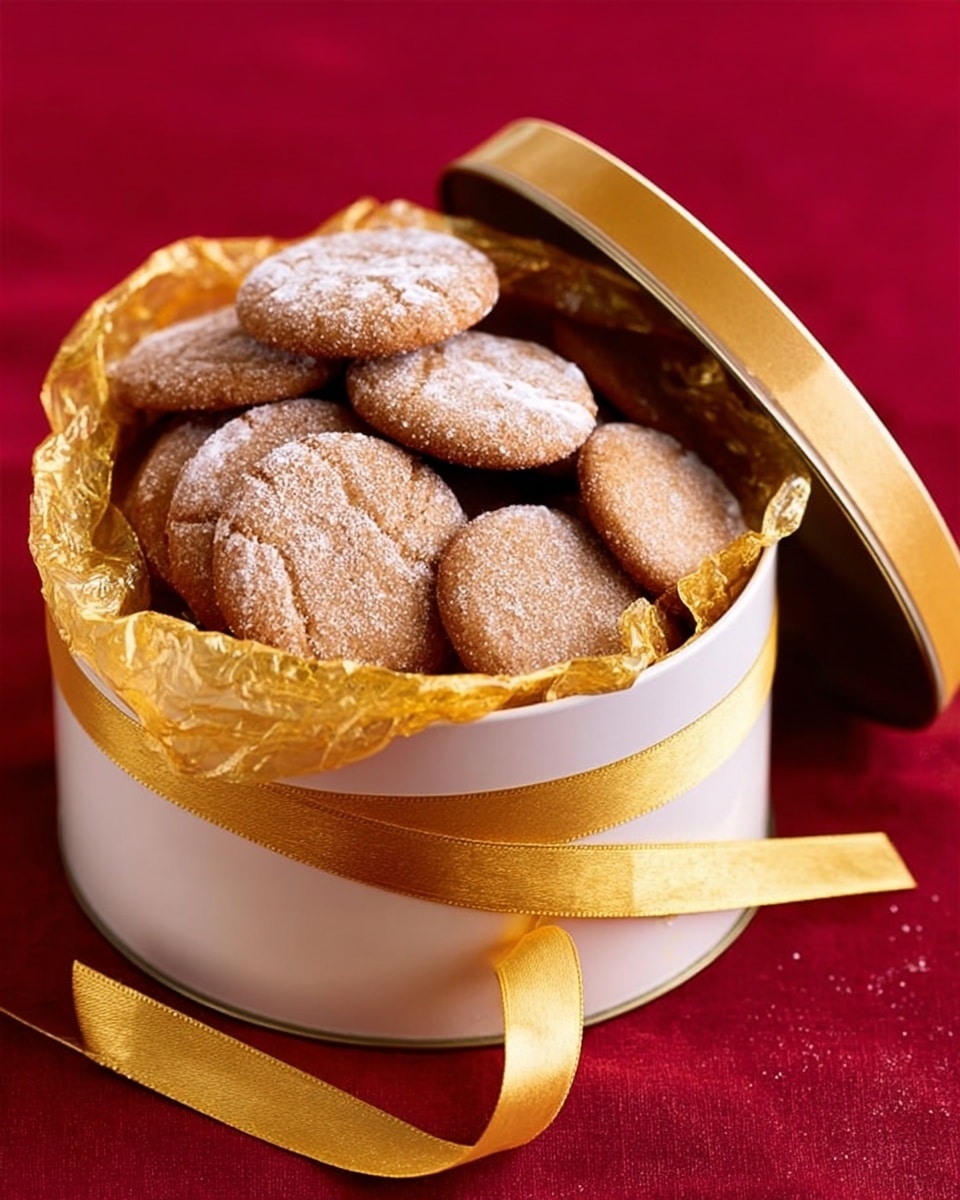 The image shows a round white box filled with small, round gingerbread cookies covered in a thin layer of icing. The box is lined with shiny gold paper that spills over the edges, creating a soft, crinkled texture. A wide gold ribbon is wrapped loosely around the box, adding a festive touch. The box lid leans partly open behind the cookies, and the background is a bold red color. The photo is taken from above, capturing the warm browns and golds of the cookies and wrapping against the red backdrop. photo taken with an iphone --ar 4:5 --v 7