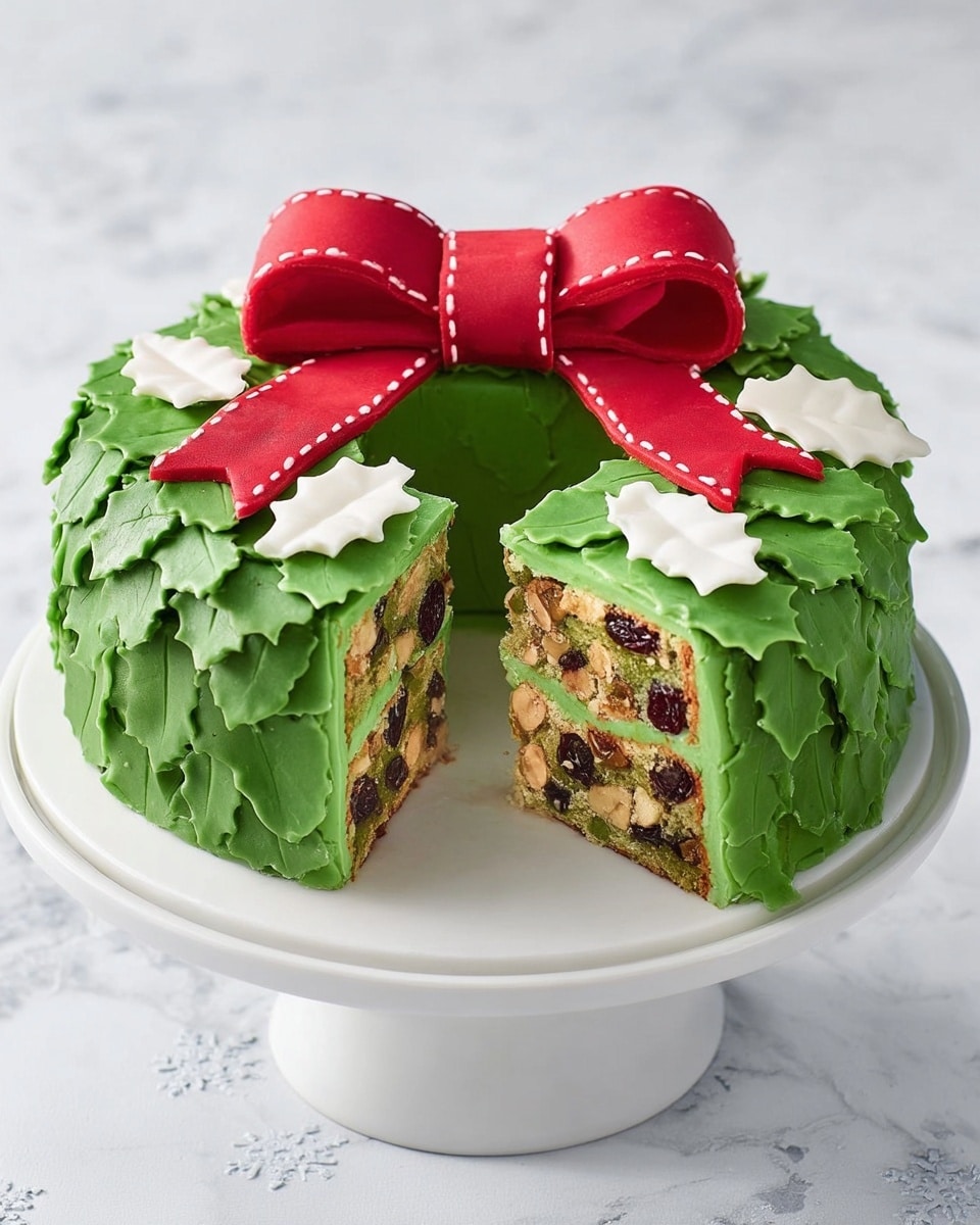 The image shows a round Christmas wreath cake on a white cake stand against a white marbled background. The cake is covered in green fondant shaped to look like leaves forming the wreath, with some white fondant pieces adding detail on top. A large red fondant bow with white stitched edges sits on the top center of the wreath. A slice is cut out, showing the inside layers of the cake, which is light brown with visible pieces of nuts and dried fruit like cherries and raisins. The texture inside looks dense and moist. Photo taken with an iphone --ar 4:5 --v 7