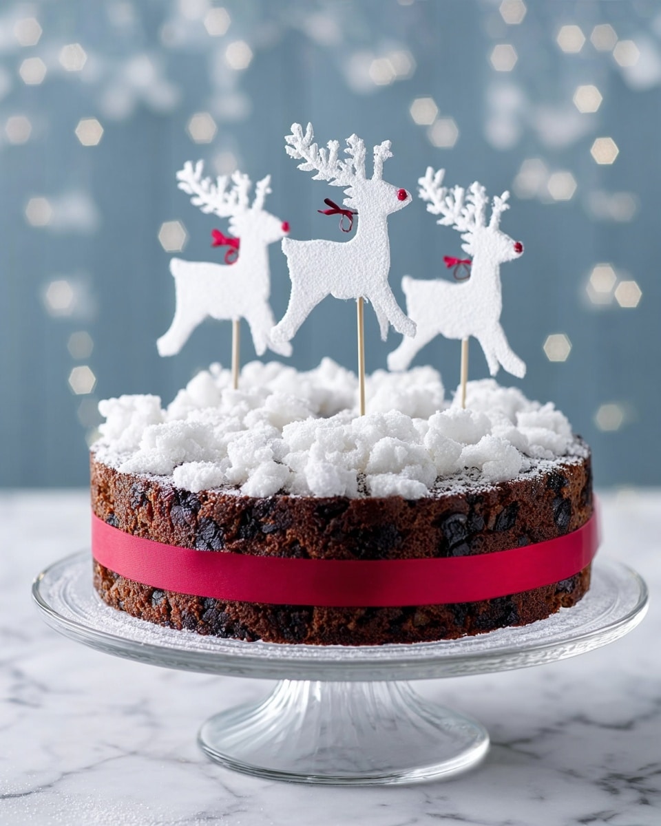 A round fruitcake with a dark brown color is placed on a clear glass cake stand over a white marbled surface. The cake is wrapped around the sides with a wide red ribbon. The top of the cake is covered with white, snowy textured pieces that look like small crushed ice or snow. Three white reindeer figures on sticks are placed standing upright on top of the cake, and one of the reindeer has a small red nose. The background is light blue with soft white glowing hexagonal bokeh lights. Photo taken with an iphone --ar 4:5 --v 7