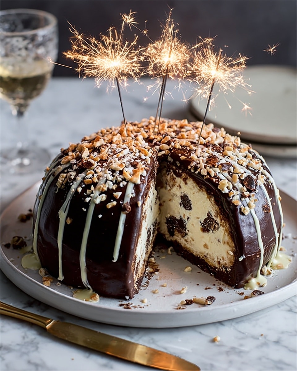 A dome-shaped cake sits on a white plate placed on a white marbled surface, with a slice cut out showing three visible layers inside: a creamy white layer with chunks inside, a darker chocolate layer, and another light layer at the bottom. The cake is covered in shiny dark chocolate glaze that drips slightly down the sides, decorated with thin stripes of white chocolate drizzle on top. The surface is sprinkled with small golden round sprinkles and edible star shapes, and there are four sparklers lit on top, sparkling brightly. A knife with a wooden handle rests next to the plate, and in the background, a glass of champagne and white stacked plates are slightly blurred. photo taken with an iphone --ar 4:5 --v 7