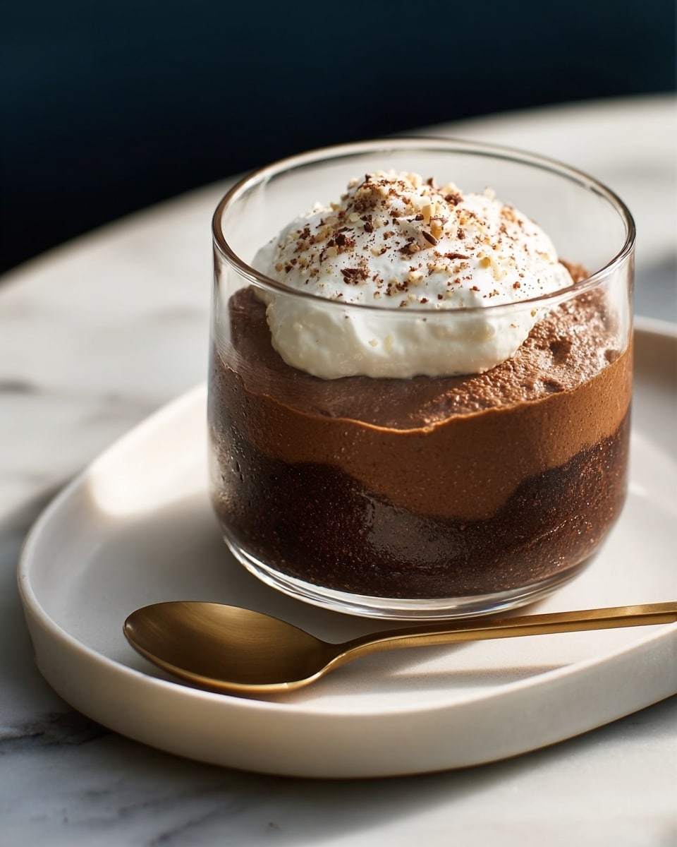A clear glass cup holds a dessert with two main layers: the bottom thick layer is dark brown and smooth with a mousse texture, and the top layer is a dollop of white cream sprinkled with tiny brown flakes. The cup sits on a white plate shaped like an oval, with a shiny gold spoon resting on the plate. The background is a white marbled texture with soft lighting. Photo taken with an iphone --ar 4:5 --v 7