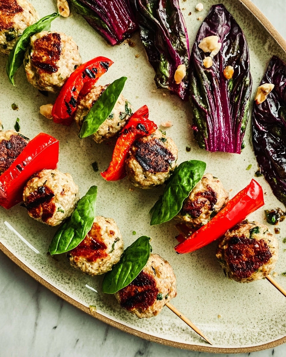 The image shows several skewers laid out on a large white plate with a light brown textured surface. Each skewer has three layers: a round, grilled light-brown meatball on top, a bright green basil leaf in the middle, and a bright red roasted pepper piece at the bottom. To the side of the skewers, on the white plate, are dark purple endive leaves filled with finely chopped nuts and herbs. The plate rests on a white marbled textured surface. photo taken with an iphone --ar 4:5 --v 7
