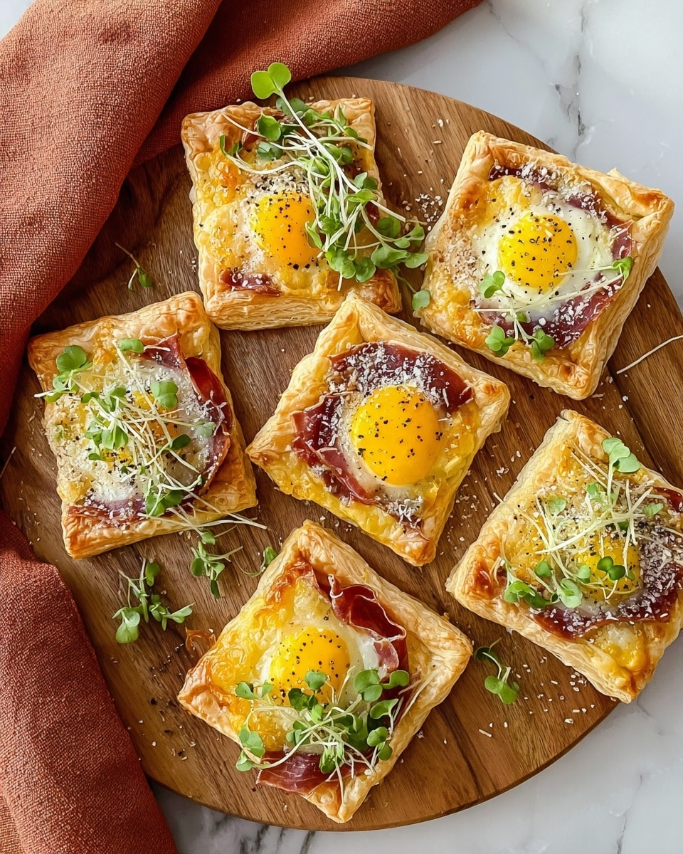 Six rectangular puff pastry tarts sit on a round wooden board on a white marbled surface. Each tart has multiple layers: a golden, flaky puff pastry base, a layer of melted yellow cheese, and thin slices of reddish-brown prosciutto. Four of the tarts have a sunny-side-up egg with a bright yellow yolk and slightly cooked white on top, while the other two have only cheese and prosciutto. All tarts are sprinkled with finely grated white cheese, fresh green microgreens, and a few black pepper specks. A rust-colored cloth is placed beside the board. Photo taken with an iphone --ar 4:5 --v 7