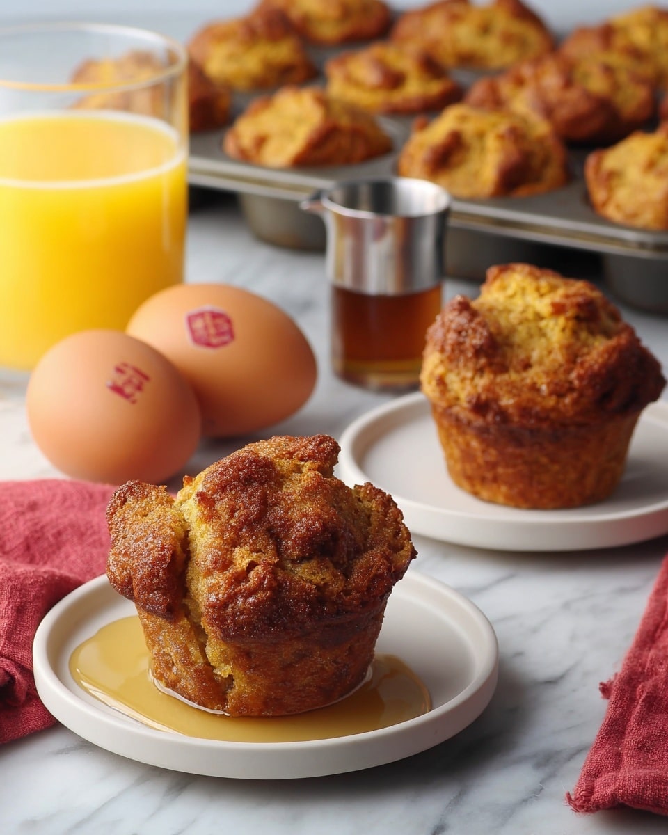 The image shows two golden-brown, rustic muffins with a rough, crumbly texture sitting on small white plates, each muffin appearing irregularly shaped with crispy edges and darker brown spots. One muffin is on the foreground plate with syrup pooled beneath it, glistening and adding a sticky shine. The other muffin is on a plate slightly behind it. Next to the plates, there are two smooth brown eggs, one marked with a red stamp, and a clear glass filled halfway with orange juice. In the background, a muffin tray holds more muffins in soft focus, and there is a small metal container with syrup and a red cloth napkin on a white marbled surface. photo taken with an iphone --ar 4:5 --v 7
