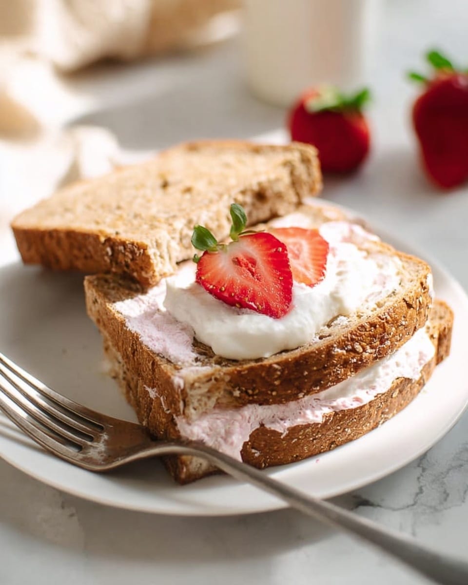 The image shows two slices of brown bread with visible grain texture stacked on a white plate with a white marbled surface underneath. The top slice is slightly lifted, revealing a thick layer of light pink creamy spread inside and a thin layer of white cream on top. On the slice closest to the camera, there is a dollop of white cream topped with a sliced strawberry placed neatly in the center. A fork lies on the plate near the bread, and a whole strawberry with its green leaves is blurred in the background. The lighting is bright and natural, giving a fresh and appetizing look. photo taken with an iphone --ar 4:5 --v 7