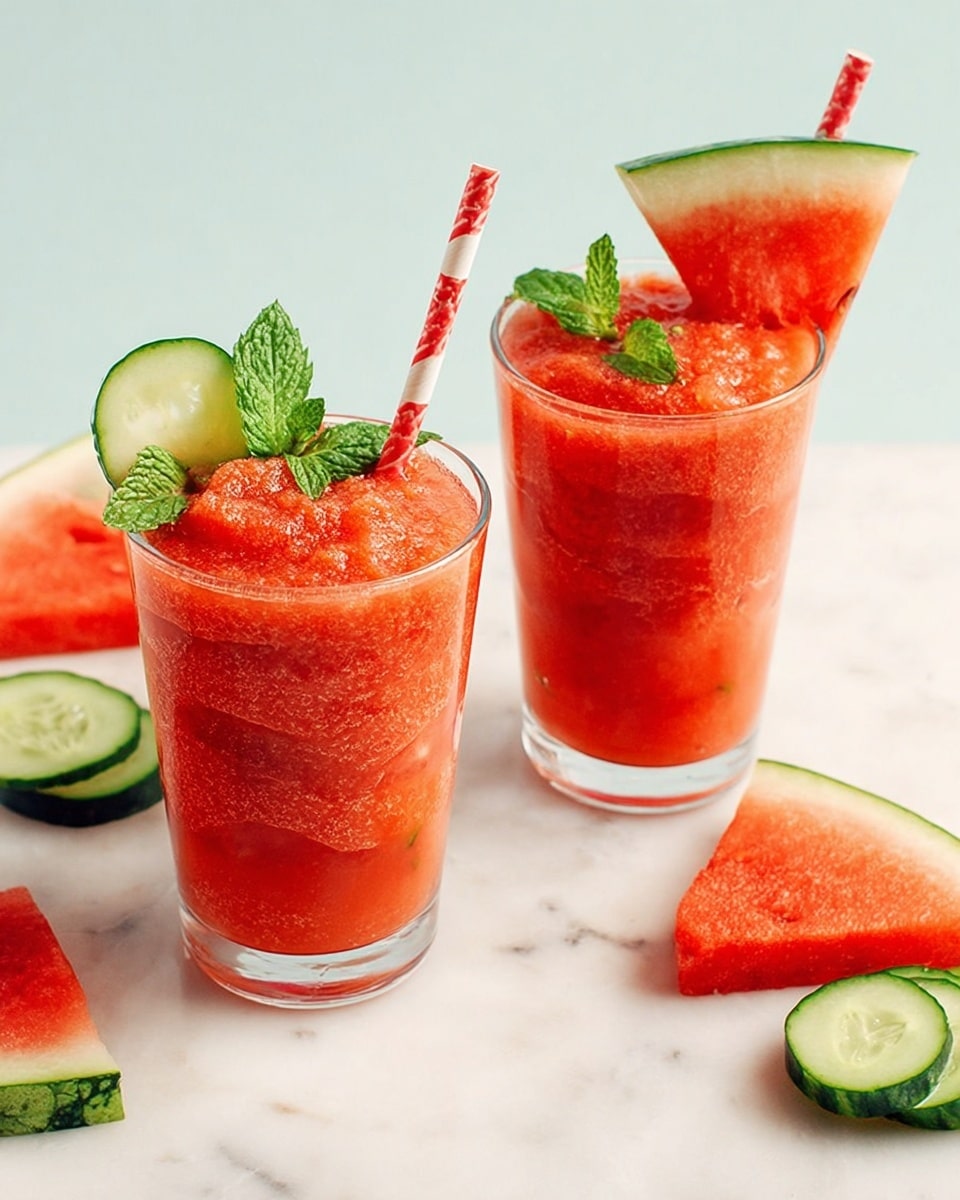 Two clear glasses filled with a red-orange textured watermelon smoothie are placed on a white marbled surface. Each glass has one red-and-white striped straw, with the smoothie filling about three layers of blended watermelon pulp, showing a thick, slightly uneven texture. One glass is garnished with a small green cucumber slice and a sprig of fresh green mint leaves on the rim, while the other has a large, triangular watermelon slice and mint leaves on top. Around the glasses are several watermelon wedges with bright red flesh and green rind, along with a small stack of round cucumber slices. photo taken with an iphone --ar 4:5 --v 7