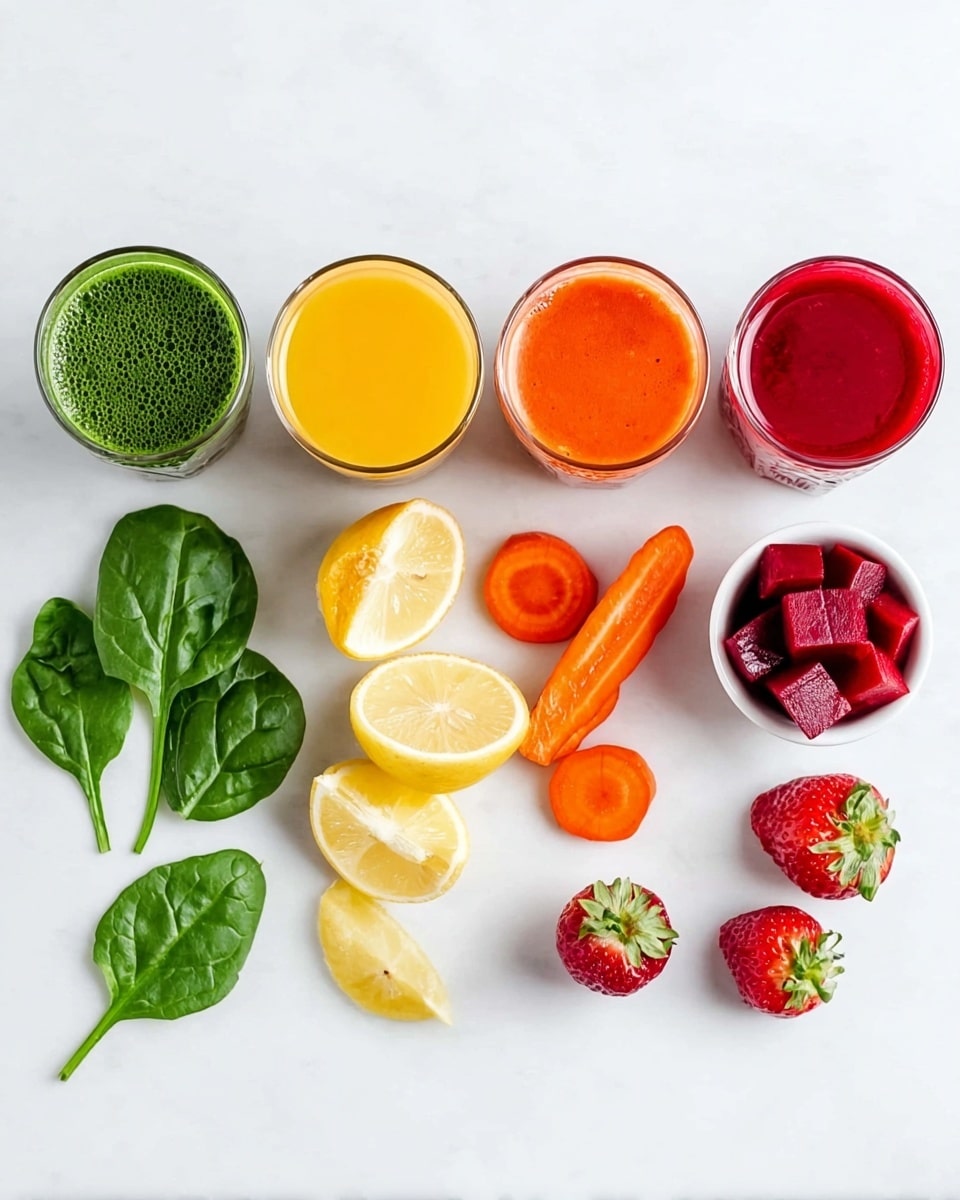 Four small clear glasses filled with colorful juices are placed in a row on a white marbled surface, from left to right the juices are deep green, light yellow, bright orange, and vibrant red. Below each glass are the fresh ingredients showing the juice flavors: under the green juice are two large dark green spinach leaves; under the yellow juice are two lemon wedges and a lemon half; under the orange juice is a whole carrot with some carrot slices near it; under the red juice are two whole strawberries along with a few halved strawberries, and a small white bowl filled with red beet cubes. The layout is neat and bright, with each color vivid and clear. photo taken with an iphone --ar 4:5 --v 7