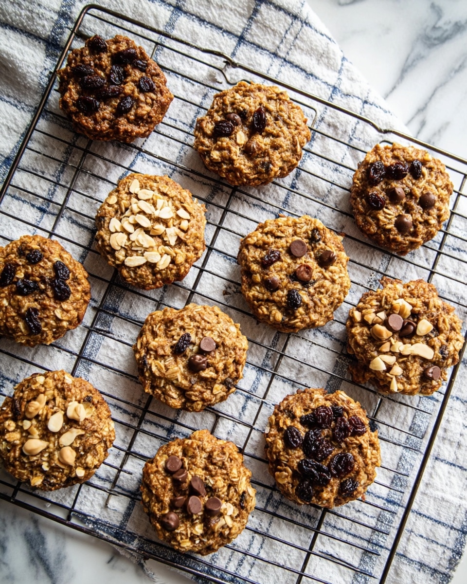 The image shows a cooling rack placed on a white marbled surface covered partly with a white and blue checkered cloth. On the rack are eleven round oatmeal cookies, each with different toppings. Some cookies have dark brown raisins nestled in a rough-textured, golden-brown oatmeal base. Others feature small chopped pale beige nuts, while a few have smooth, dark brown chocolate chips scattered on top. The cookies have a rustic, crunchy texture with slightly uneven edges. Photo taken with an iphone --ar 4:5 --v 7