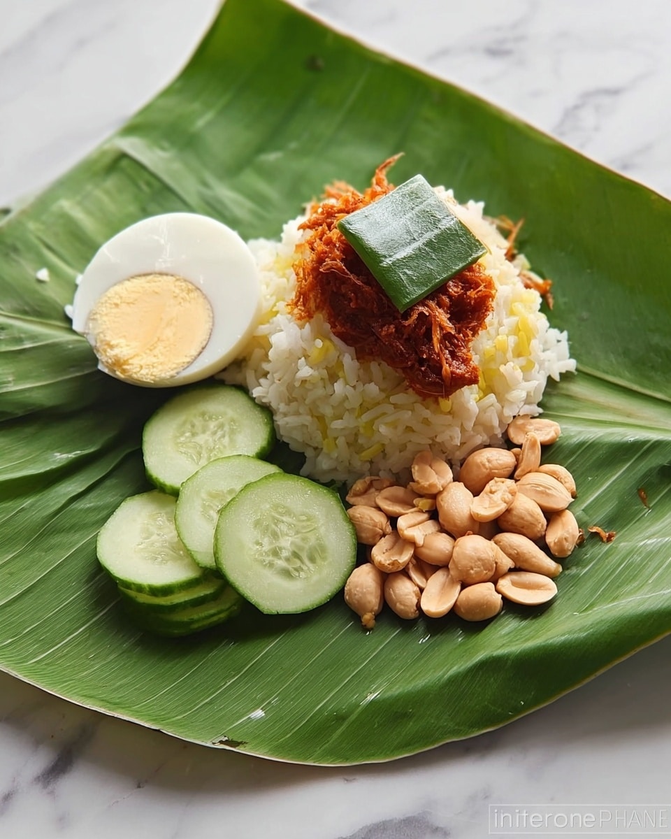 The image shows a serving of food placed on a large green banana leaf. At the bottom left are three medium green cucumber slices arranged in a row. Behind the cucumber slices is a mound of light yellow rice, topped with a small square of a green leaf and a reddish-brown shredded meat or paste on top. To the left of the rice is a quarter of a hard-boiled egg with a pale yellow yolk and white outer part. To the right of the rice is a small pile of light brown roasted peanuts. The banana leaf sits on a white marbled surface. Photo taken with an iphone --ar 4:5 --v 7