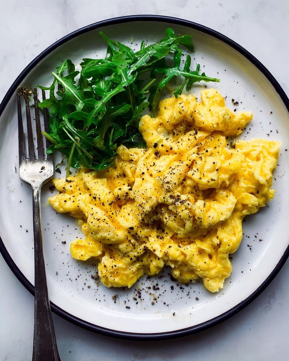 The dish shows a single layer of soft, fluffy scrambled eggs spread across a white plate with a thin black rim. The eggs are a rich yellow color with a light, slightly shiny texture, and sprinkled generously with ground black pepper. On one side of the eggs, there is a small amount of fresh, dark green leafy arugula adding contrast in both color and texture. A silver fork rests on the left edge of the plate. The plate sits on a white marbled surface. photo taken with an iphone --ar 4:5 --v 7