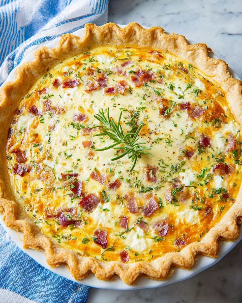 A quiche with one thick golden brown crust layer forming a scalloped edge around the pie, filled with a creamy pale yellow egg mixture layer, dotted with melted white and orange cheese patches, and small pieces of reddish-brown bacon scattered evenly throughout. Fresh green herbs are sprinkled on top, with a small sprig of rosemary placed in the center. It sits on a white plate resting on a white marbled surface with a blue and white striped cloth visible in the background. photo taken with an iphone --ar 4:5 --v 7