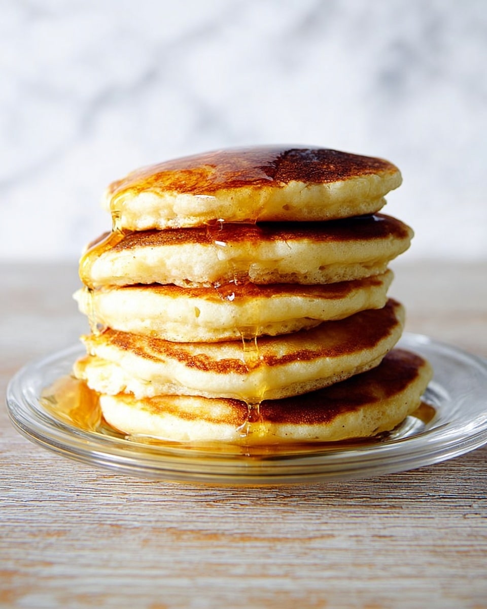 A stack of six golden-brown pancakes sits in the center of a clear glass plate on a white marbled surface. Each pancake has a slightly crispy edge with a soft, fluffy center that shows a light texture. A thin stream of amber syrup slowly drips down from the top pancake, creating a shiny, sticky glaze that catches the light. The syrup pools gently around the base of the stack, highlighting the warm tones of the pancakes against the transparent plate. photo taken with an iphone --ar 4:5 --v 7