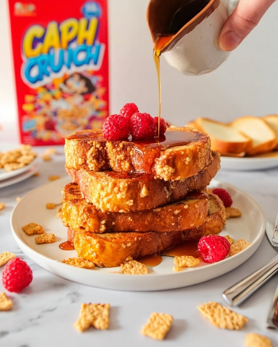 A stack of four thick, golden-brown French toast slices is placed in the center of a white plate on a white marbled surface. The slices show a textured, slightly crispy exterior with visible crumb coating. Two fresh red raspberries sit on top of the stack. A woman's hand is pouring golden syrup from a small two-tone brown pitcher over the stack, with some syrup pooling on the plate. Around the plate, there are scattered small pieces of square cereal and a few raspberries. In the background, slightly out of focus, is a white plate with sliced white bread and a bright red Cap'n Crunch cereal box with a colorful mascot. A fork and knife with metallic handles rest on the edge of the plate. Photo taken with an iphone --ar 4:5 --v 7