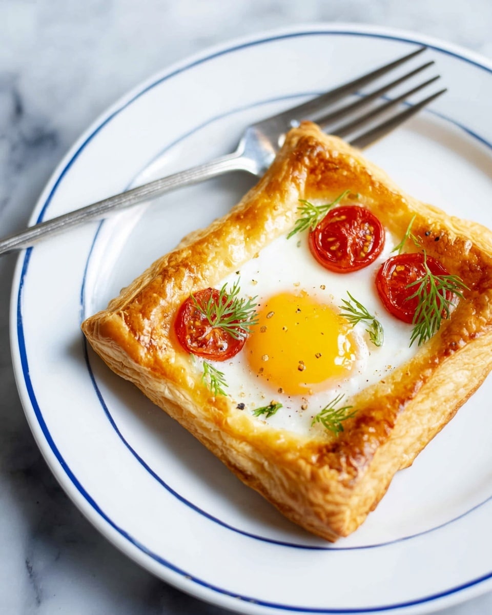A square puff pastry with golden, flaky, and crispy edges forms the base, sitting on a white plate with two thin blue rings near the rim. Inside the square, there is a cooked egg with a bright yellow yolk and whites spread gently around it. Scattered on the egg are three small, round slices of red cherry tomatoes and a few sprigs of fresh green herbs for garnish. A stainless steel fork rests beside the pastry on the plate, which is placed on a white marbled textured surface. photo taken with an iphone --ar 4:5 --v 7