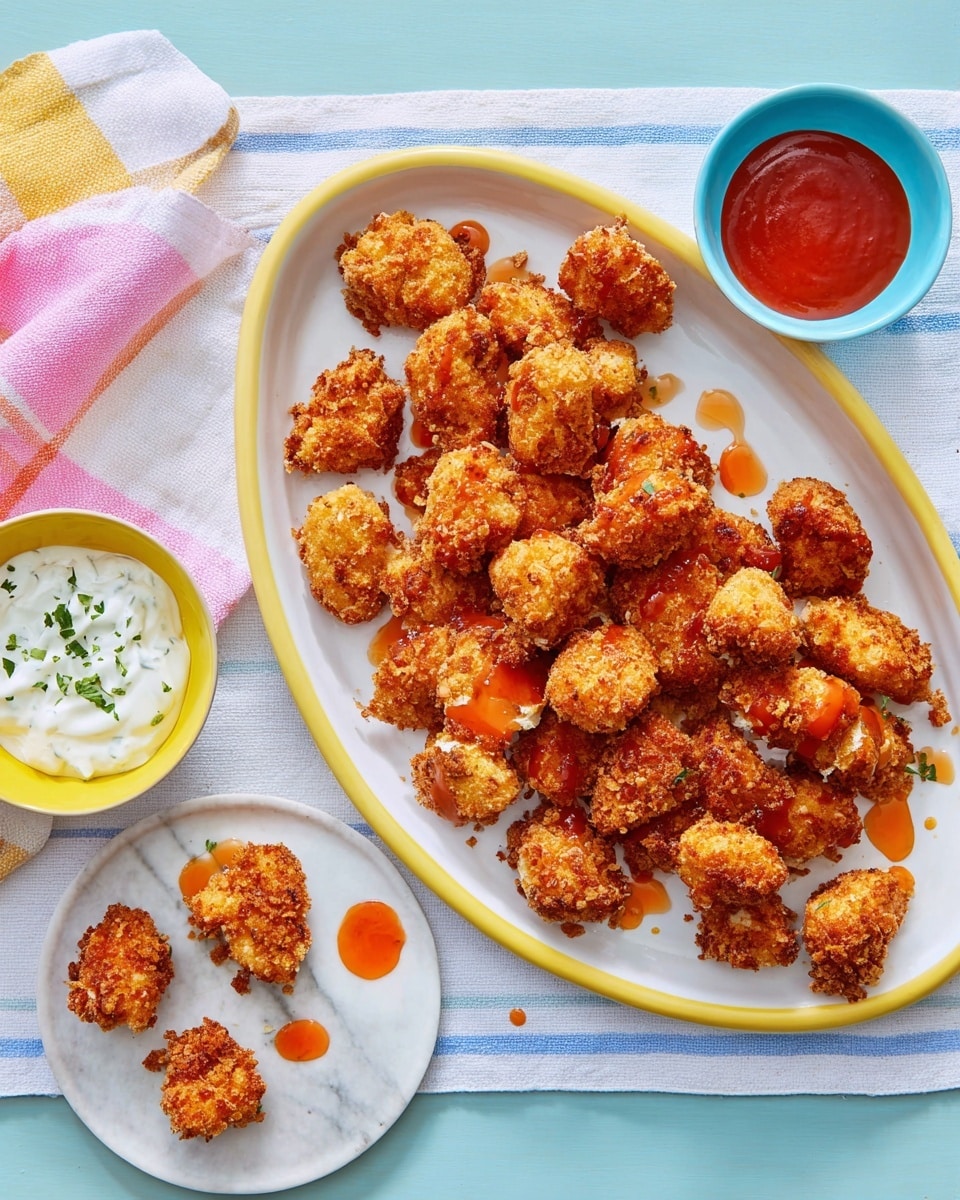 A white oval plate with a yellow rim is filled with about 25 pieces of golden-brown crispy fried chicken bites, scattered unevenly with some light red hot sauce drizzled over a few pieces. At the top right of the plate, a small blue bowl holds bright red hot sauce, and next to it, a small yellow bowl is filled with white creamy ranch dressing with green herbs visible. Below the main plate, a smaller white plate holds five more chicken bites, two of which are dipped in ranch and hot sauce, with small drops of sauce around them. The setting is on a white marbled surface covered by a white cloth with light blue vertical stripes, with folded pink, yellow, and white checkered napkins on the top left corner. photo taken with an iphone --ar 4:5 --v 7