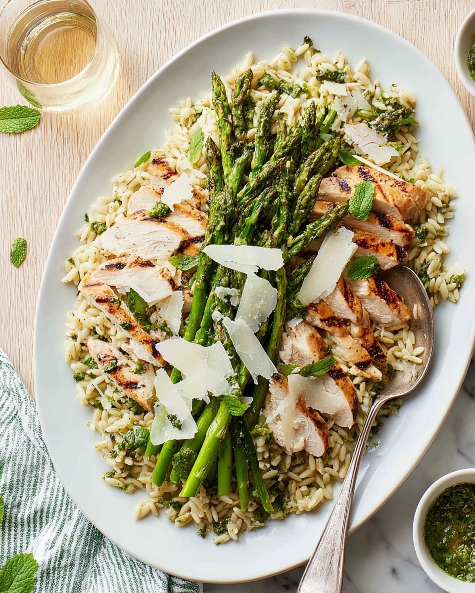 A white oval plate holds a layered dish starting with a bed of small rice-shaped pasta mixed with green herbs covering the entire base. On top of the pasta, there are slices of grilled chicken breast, showing light brown grill marks and arranged mainly around the edges. Over the chicken and pasta, bright green grilled asparagus spears are piled in the center, some tipped upward. Scattered on the asparagus and chicken are thin, irregular white cheese shavings and a few mint leaves. A large silver spoon lies on the right side of the plate, resting partly on the pasta. The plate sits on a light wood surface with a white marbled texture, and a small white bowl with a green herb sauce and a glass of white drink are visible near the top right. A striped cloth napkin with green and white lines is on the left side. photo taken with an iphone --ar 4:5 --v 7