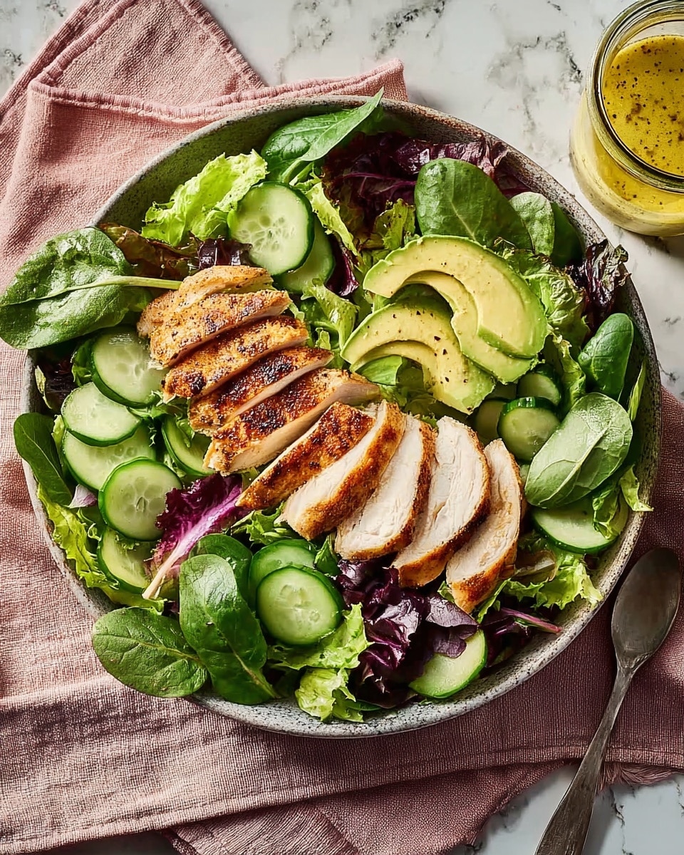 A rustic stone bowl holds a vibrant salad with two main layers; the base layer is made of mixed green and purple lettuce leaves along with spinach, all fresh and leafy, covering the entire bowl. On top of this, there are scattered cucumber slices, dark green avocado slices, and a row of six thick slices of grilled chicken breast with a browned and slightly crispy outer texture, placed diagonally across the center. The bowl is set on a soft pink cloth, and the background shows a white marbled texture. On the right side, there is a glass jar with a yellowish dressing and a spoon inside. Photo taken with an iphone --ar 4:5 --v 7