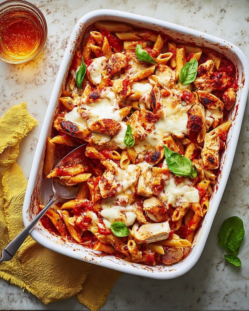 A white rectangular dish filled with baked penne pasta in a rich red tomato sauce as the bottom layer, scattered with grilled chicken pieces that are golden brown and slightly charred. On top of the pasta and chicken, there are patches of melted white cheese that look creamy and soft, with a few fresh green basil leaves placed around for color contrast. A metal spoon rests inside the dish, partly submerged in the pasta. The dish sits on a white marbled surface beside a yellow cloth and a glass of amber liquid in the top left corner. Photo taken with an iphone --ar 4:5 --v 7