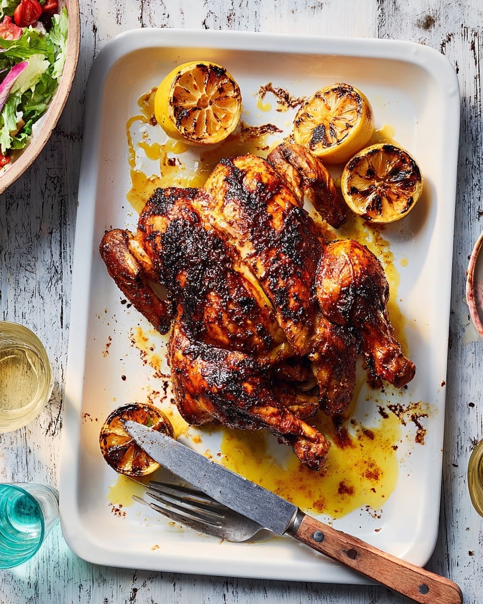 A whole grilled chicken is split open and laid flat on a white metal tray. The chicken skin is dark brown and charred in places, with a glossy layer of rich red-orange sauce. Around the chicken, there are four grilled lemon halves, showing caramelized brown grill marks and yellow flesh. A silver fork and a knife with a wooden handle rest on the bottom right corner of the tray. The tray is placed on a white marbled surface with a textured, colorful background of faded turquoise and wooden planks. Photo taken with an iphone --ar 4:5 --v 7