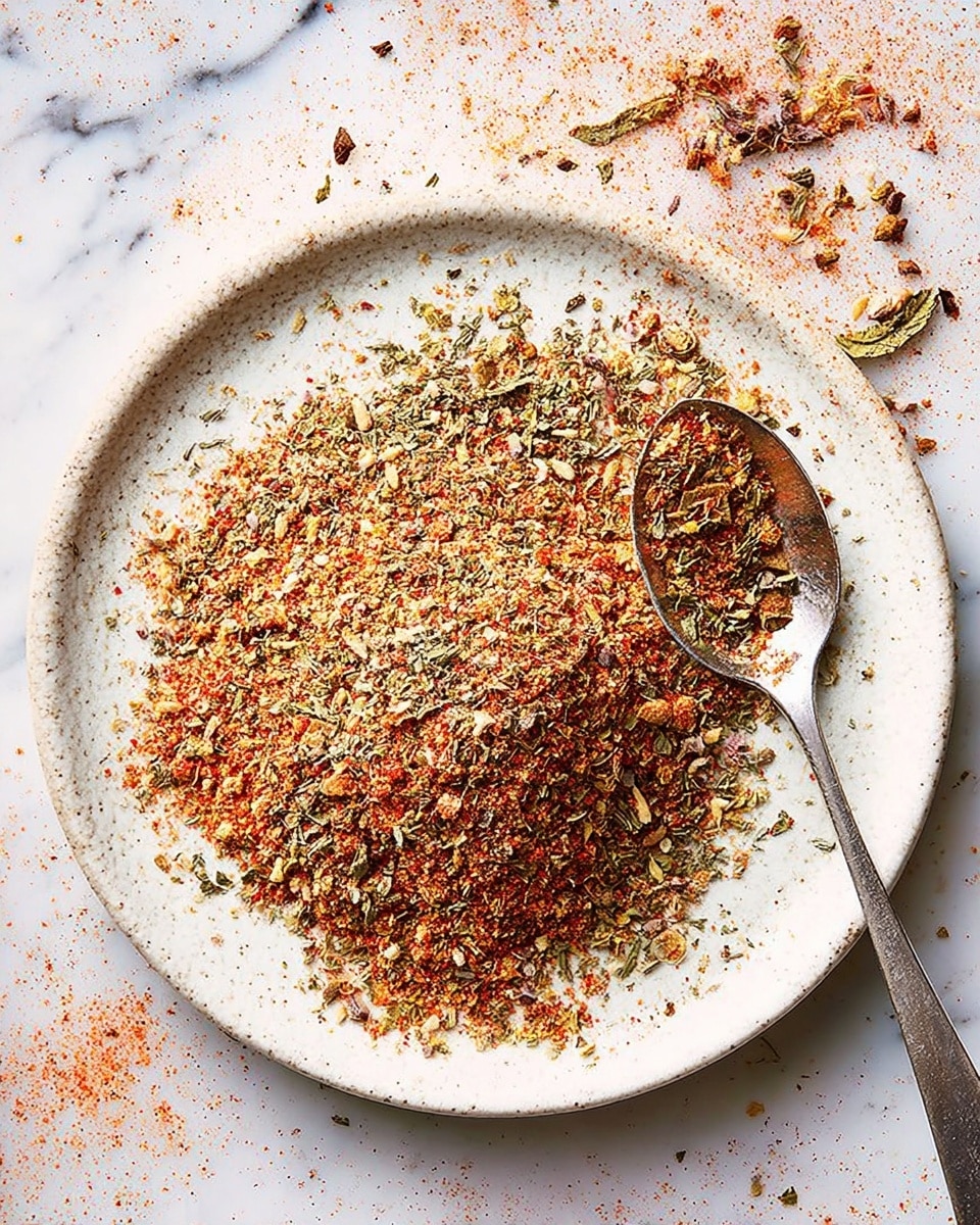 A white plate sits on a white marbled surface filled with a mixed spice blend, showing layers of small red, green, and beige dried herbs and ground spices with a coarse texture; a metal spoon rests inside the plate on the left side, scooping part of the spice mixture, and some spice bits are scattered around the plate on the surface. photo taken with an iphone --ar 4:5 --v 7