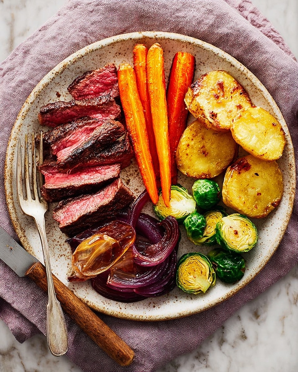 A white speckled plate holds a colorful meal arranged in five sections. At the top right are round, golden-brown roasted potato slices with a crispy texture. To their left, bright orange carrot sticks with a roasted look are placed vertically. Below the carrots, there are caramelized pieces of red onion with a soft, slightly charred texture. Next to the onions, a cluster of halved Brussels sprouts shows bright green outer leaves and a pale yellow inside. On the top left side of the plate, several slices of medium-rare steak reveal a pink interior with a charred dark crust. A silver fork rests on the left side of the plate, and a knife with a wooden handle sits on a light purple cloth napkin beside the plate, all set on a white marbled surface. photo taken with an iphone --ar 4:5 --v 7